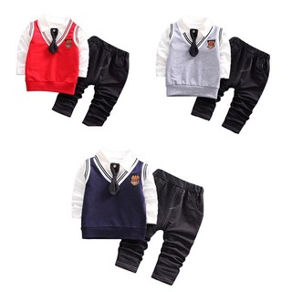 Set áo dài tay + áo khoác ngoài cộc tay + quần dài dễ thương dành cho bé trai