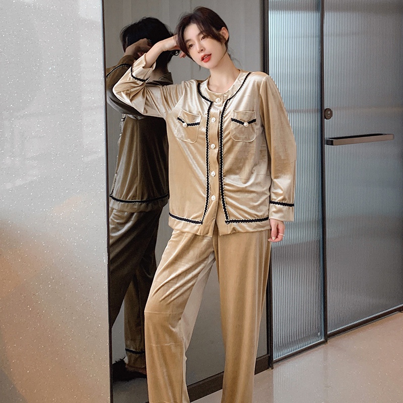 Bộ đồ ngủ cổ tròn bằng nhung nhiều màu sắc thời trang thanh lịch dành cho nữ