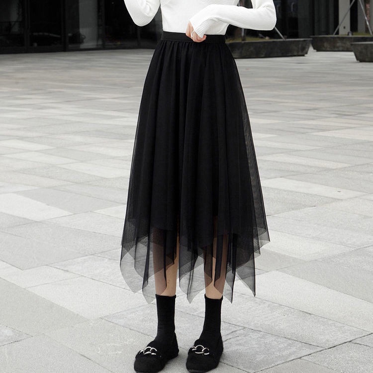 Chân Váy Lưới Dài Vừa Eo Cao Màu Đen Thời Trang Thu Đông Dành Cho Nữ