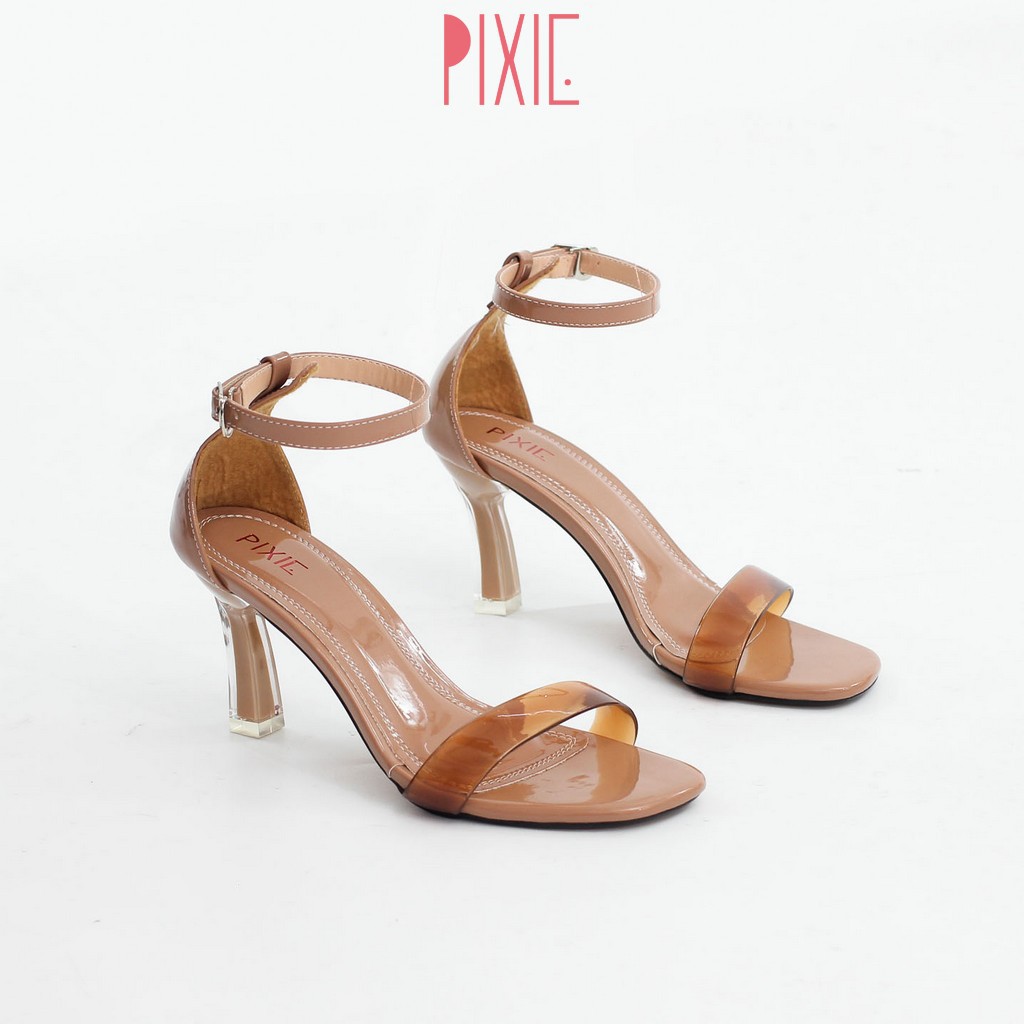 Giày Sandal Cao Gót 7cm Quai Mảnh Gót Mica Màu Đen Pixie X452