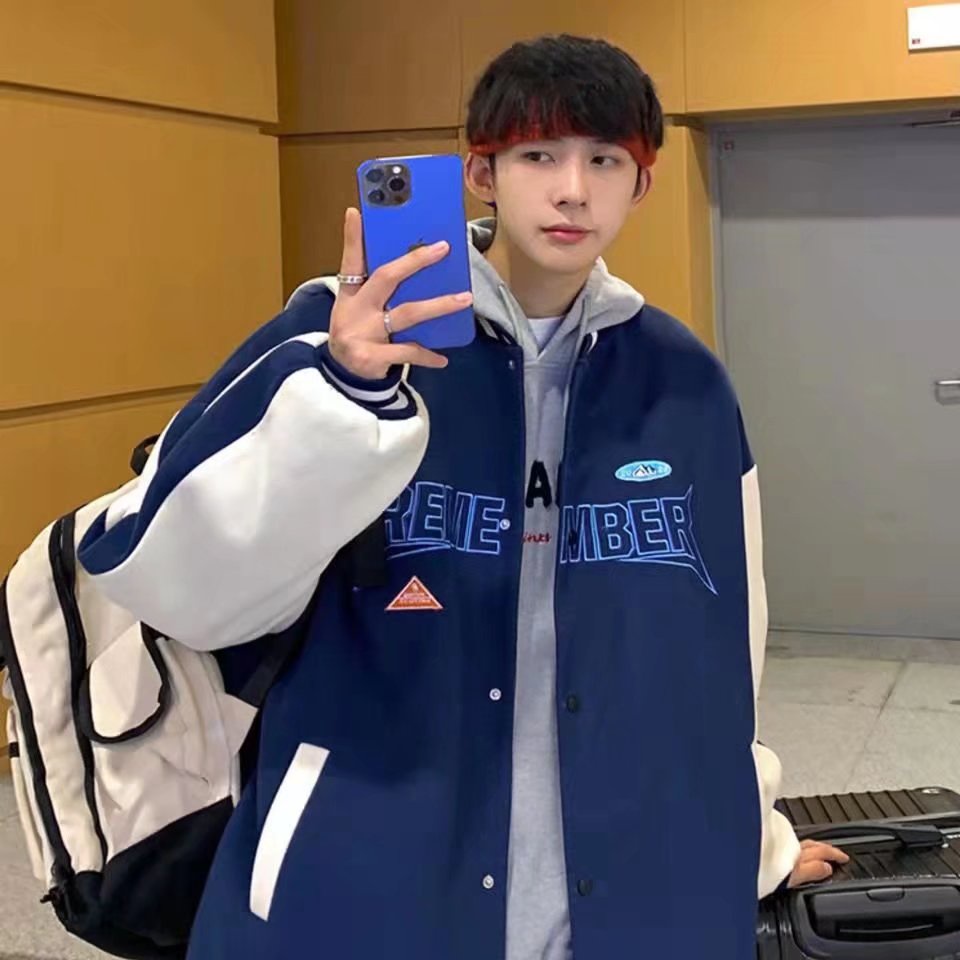 Áo khoác bóng chày vải cotton dáng rộng in chữ kiểu hip-hop Hàn Quốc cá tính dành cho học sinh
