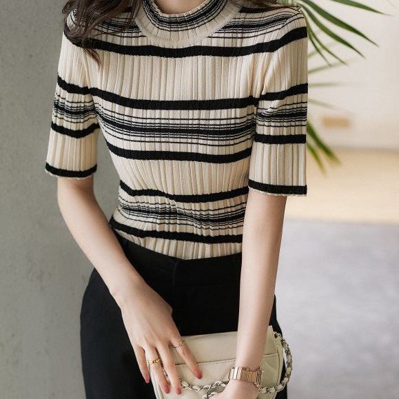 Áo Thun Tay Ngắn Cổ Cao Họa Tiết Kẻ Sọc Thời Trang Mùa Hè Phong Cách Pháp Mới 2021