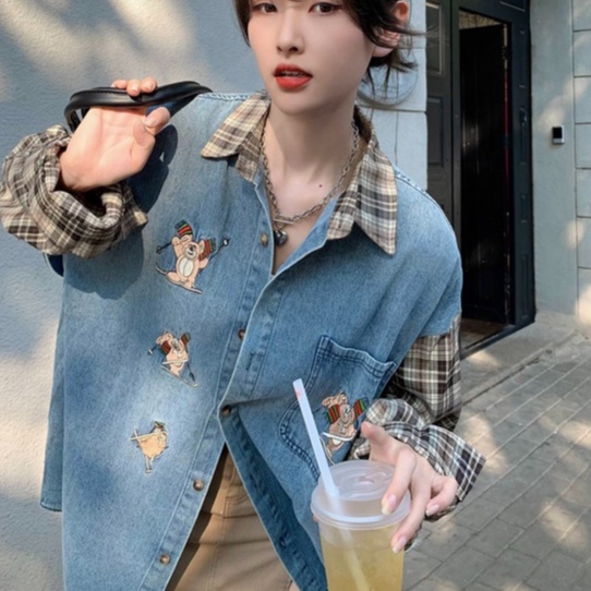 ZHELIHANGFEI Áo Khoác Sơ Mi Denim Tay Dài Dáng Rộng Kẻ Sọc Kiểu Retro Cá Tính