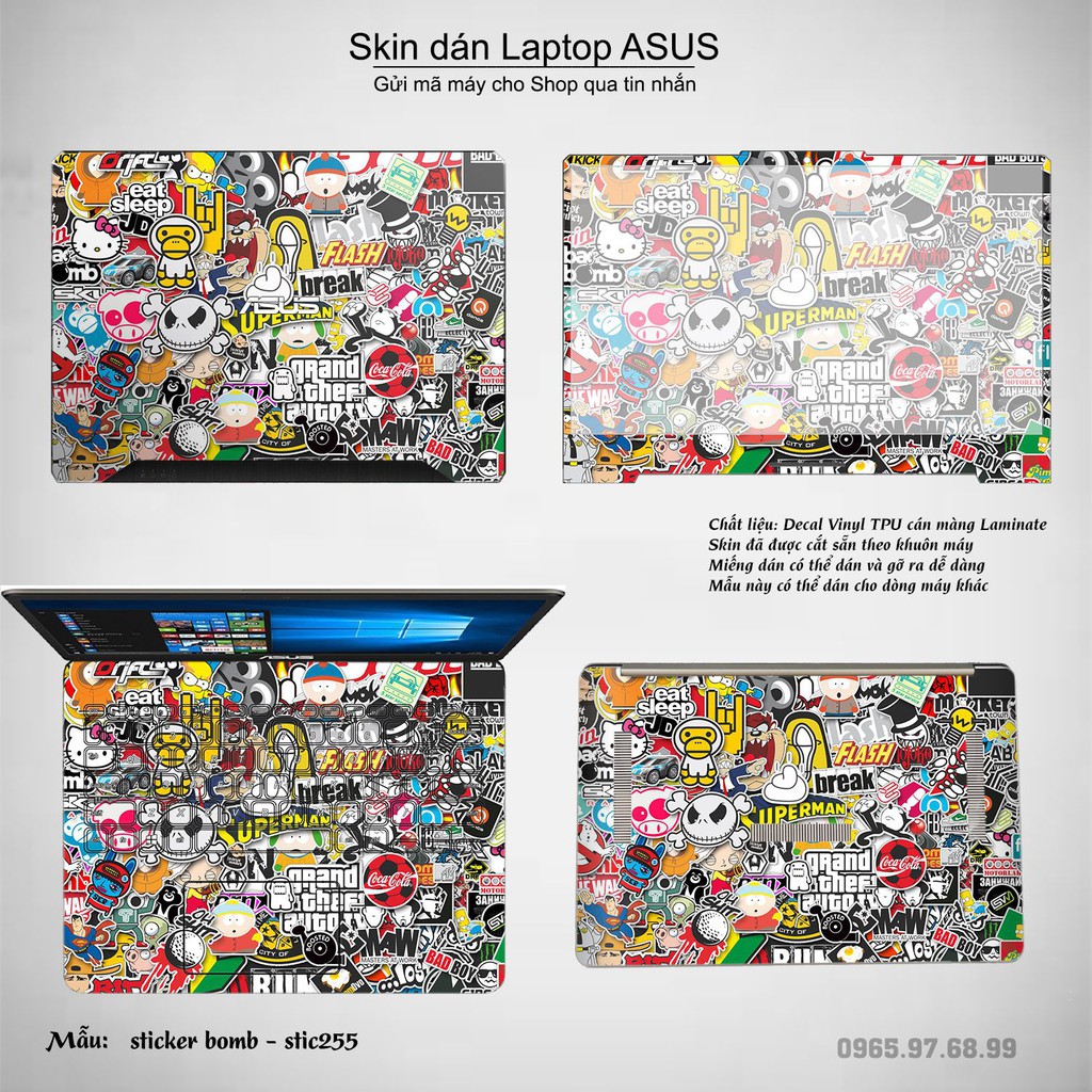 Skin dán Laptop Asus in hình sticker bomb (inbox mã máy cho Shop)