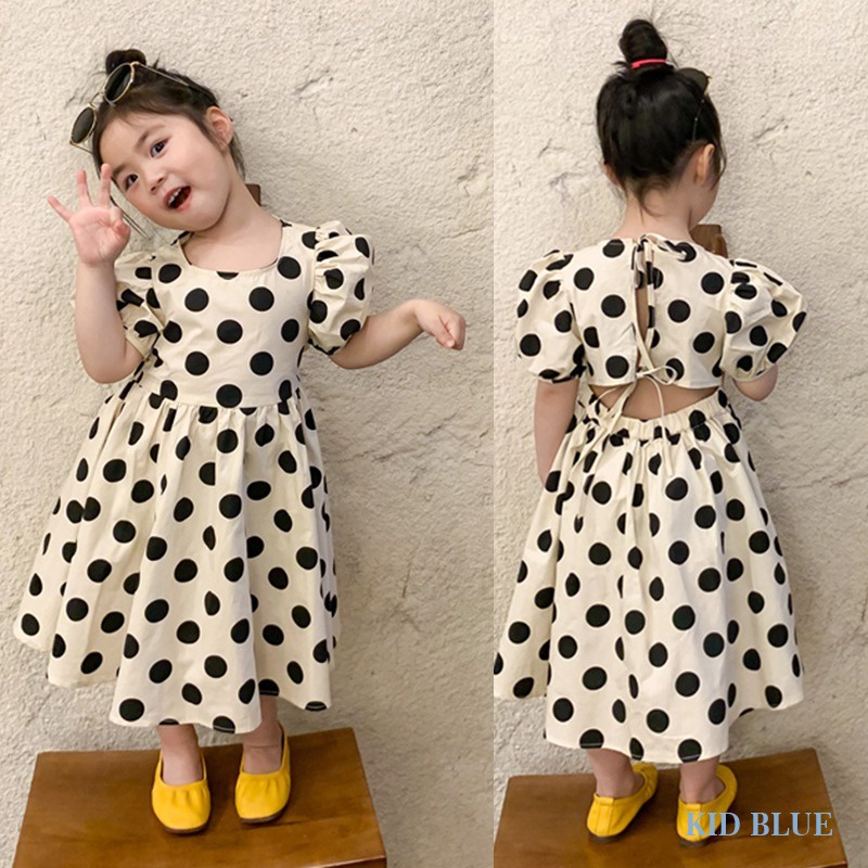 Đầm Công Chúa Cổ Tròn Tay Phồng Họa Tiết Chấm Bi Thời Trang Mùa Hè Hàn Quốc Cho Bé Gái