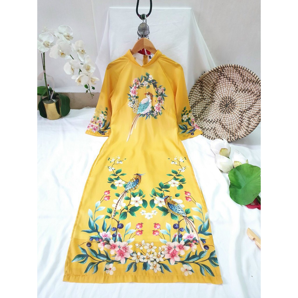 Áo Dài Cách Tân Họa Tiết Chim Hạc Vàng (Áo + quần) | BigBuy360 - bigbuy360.vn