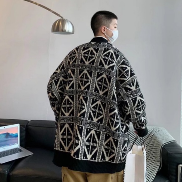 Áo khoác len cardigan sọc caro đen trắng dáng rộng cổ chữ v kiểu retro Hàn Quốc thanh lịch cho Hàn Quốc unisex nam