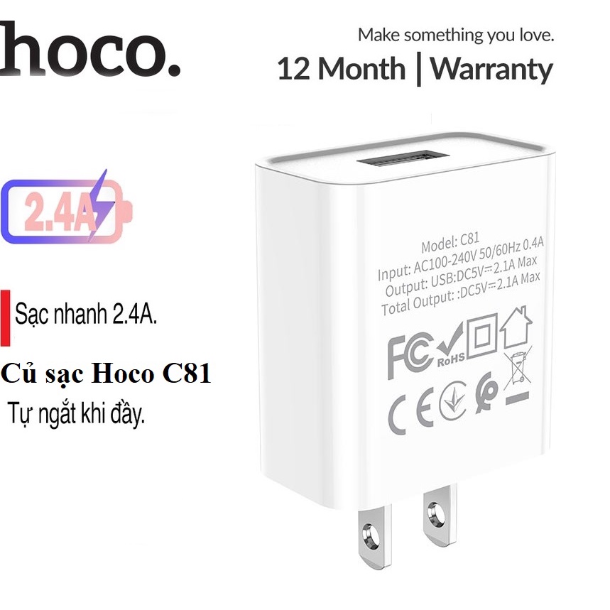 Củ sạc nhanh CHÍNH HÃNG Hoco C81 Tự Ngắt Thông Minh Khi Đầy Pin 1 Cổng USB 2.4A