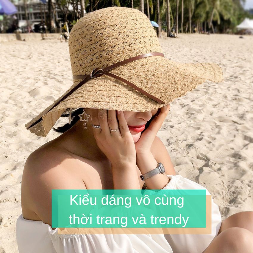 Mũ ren rộng vành thắt dây da sang chảnh