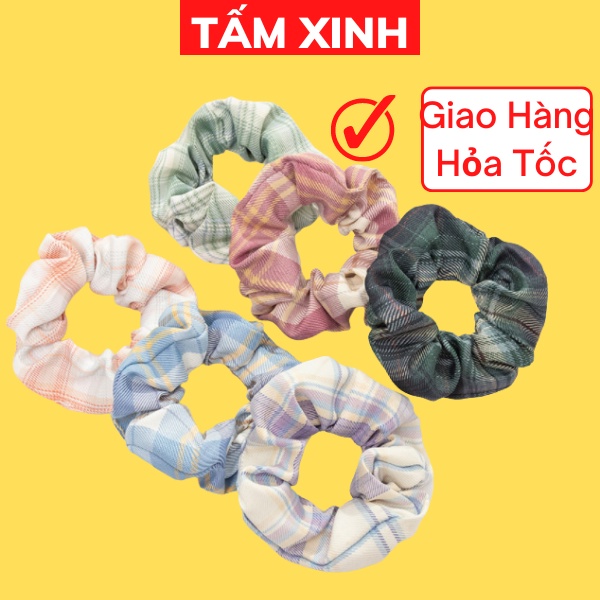 (Ảnh Thật) Dây buộc tóc, cột tóc vải scrunchies caro cao cấp trendy dễ thương