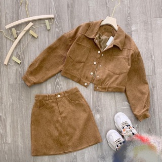 [Ảnh thật ở cuối] Set nhung tăm thô áo croptop + chân váy xinh