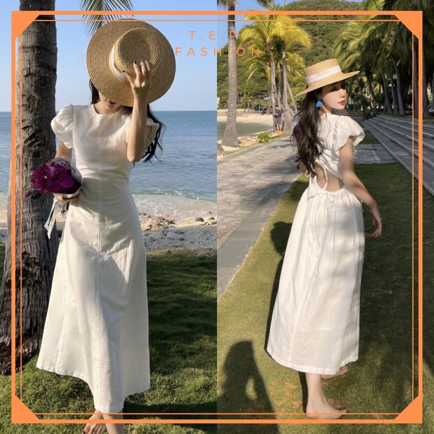 ✾㍿Đầm Maxi Trắng Đũi Tằm 2 Lớp Tay Bồng Tep Fashion - MX002