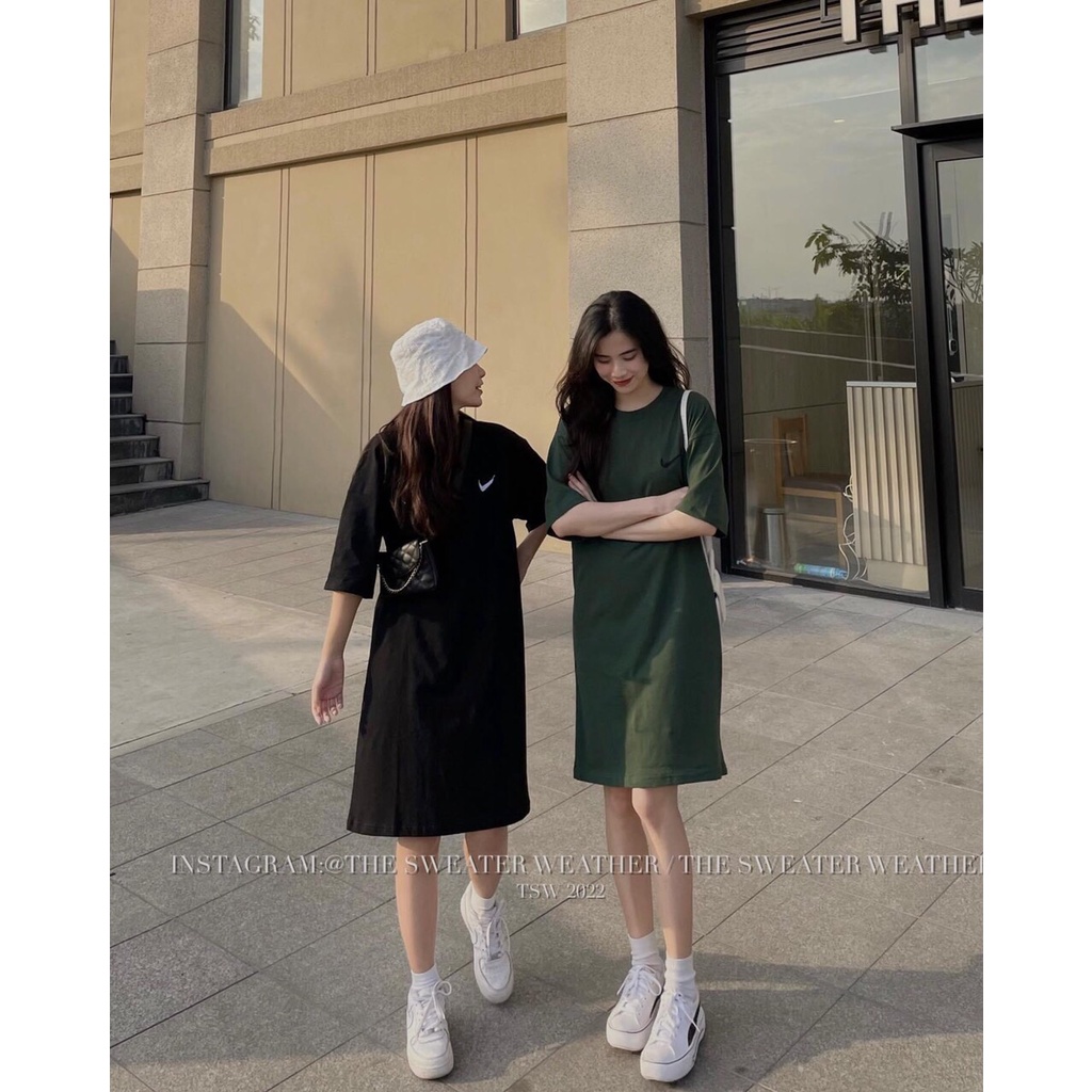 Váy Thun Tăm, Đầm Thun Suông Thêu Logo Freesize
