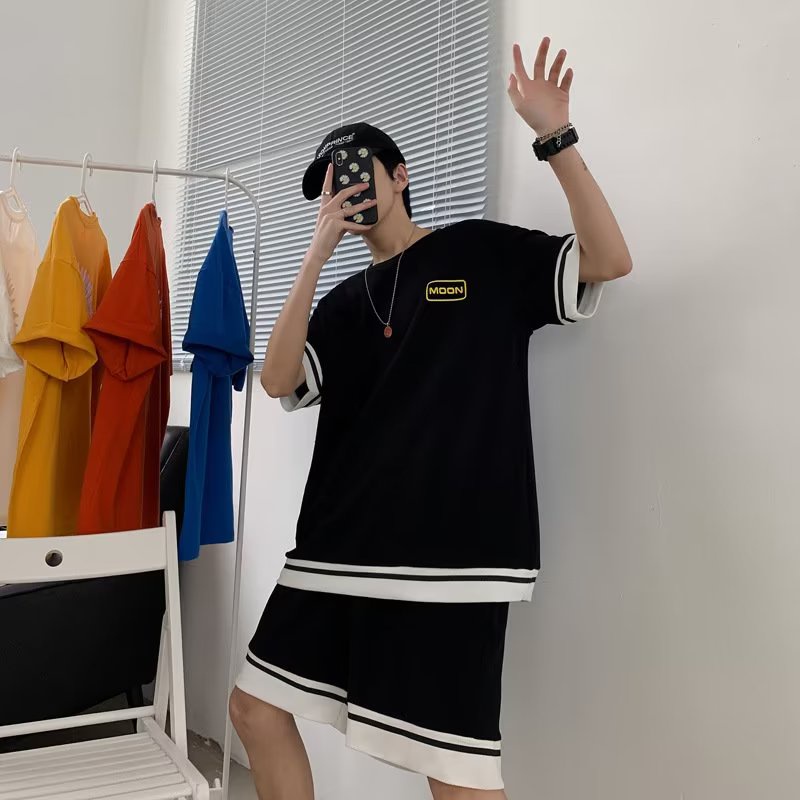 Set Đồ Thể Thao Hai Món Gồm Áo Tay Ngắn Dáng Rộng Màu Trắng/Đen Phong Cách Hàn Quốc Thời Trang Mùa Hè Cho Nam Giới Size S-3xl