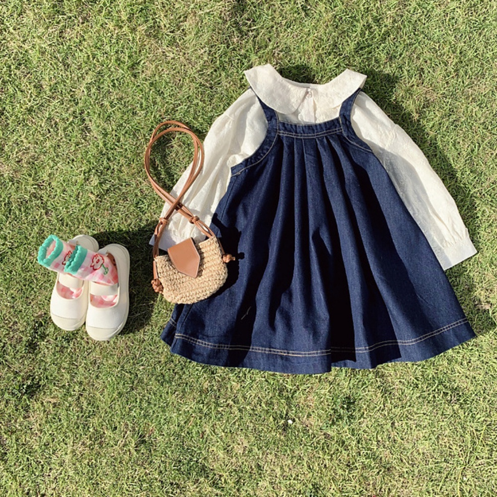 Set Đầm Yếm Denim + Áo Sơ Mi Ren Thời Trang Mùa Thu Phong Cách Hàn Quốc Cho Bé Gái