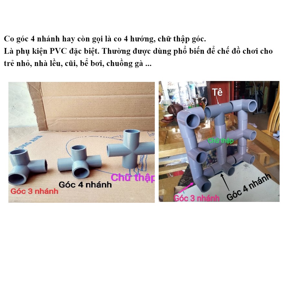 Co góc 4 hướng nhựa PVC phi 21,27, 34mm