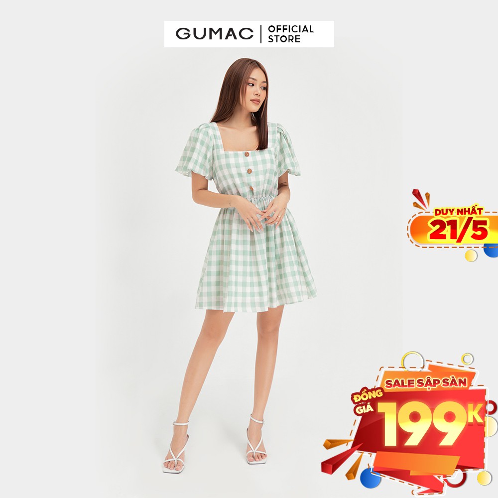 [Mã MABR07062 giảm 8% tối đa 50K đơn từ 249K] Đầm xòe nữ tay bí GUMAC họa tiết caro màu xanh trẻ trung DB485 | BigBuy360 - bigbuy360.vn