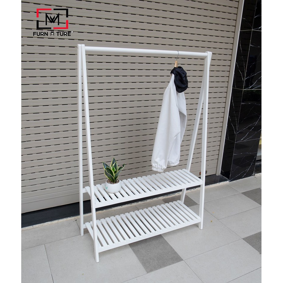 Giá treo quần áo 2 tầng gỗ thông nhập khẩu size 100x148x38cm màu Trắng thương hiệu MW FURNITURE - Nội thất căn hộ