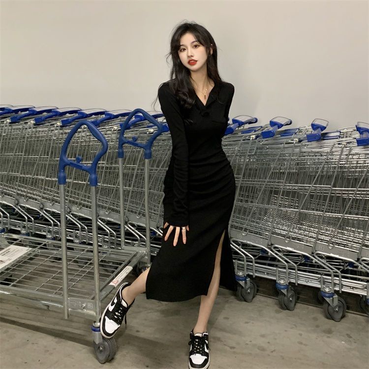 COZOK Đầm Hoodie Tay Dài Dáng Ôm Xẻ Tà Cá Tính Thời Trang Cho Nữ