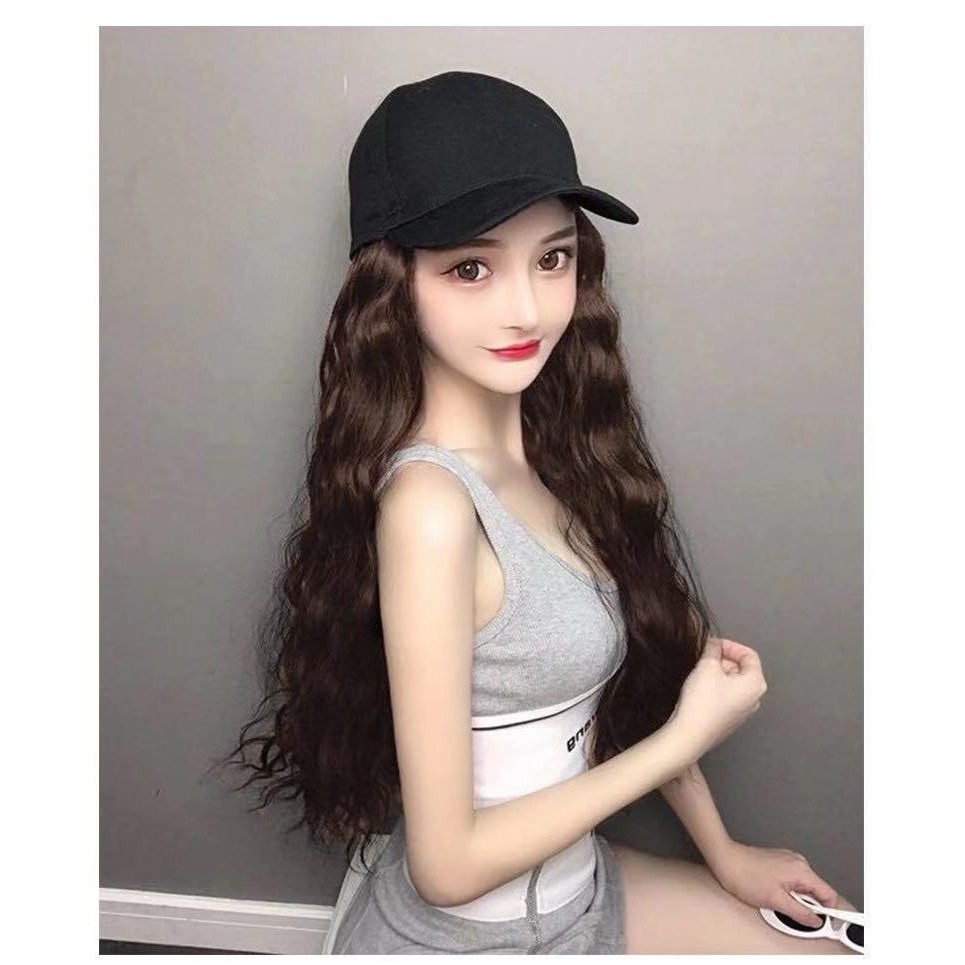 Mũ lưỡi trai gắn tóc giả xoăn dài co giãn nhiều màu tùy chọn