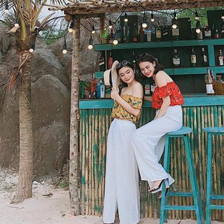 Hình thật - Quần đũi dáng suông, ống rộng màu trắng đi biển, dạo phố