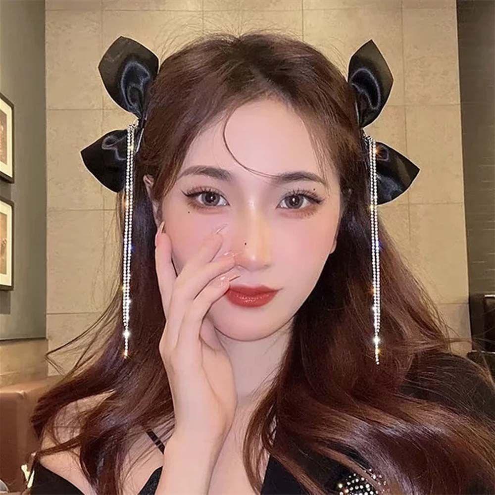 JARRED Set 2 Kẹp Tóc Nơ Đen Đính Đá Thời Trang Hàn Quốc