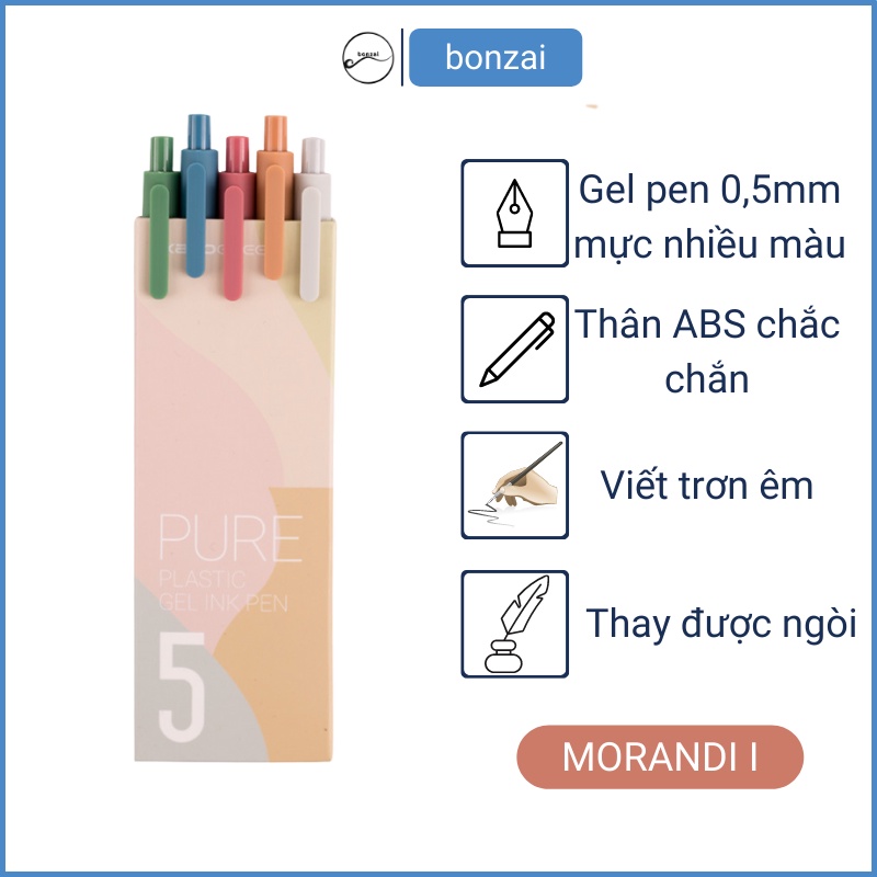 Bộ 5 bút gel KACO PURE loại Morandi mực nhiều màu năm 2020 [Hàng Chính Hãng]