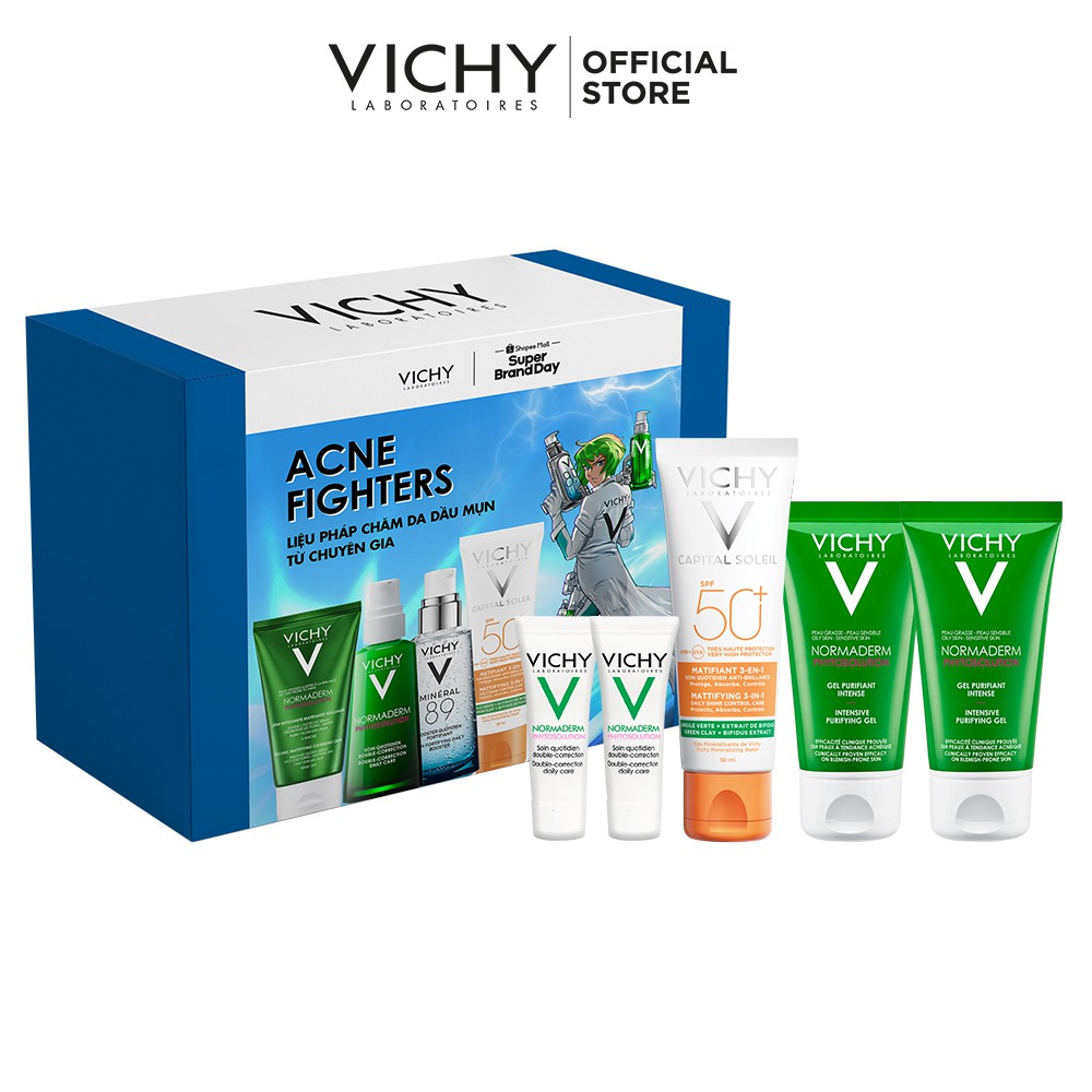 Bộ sản phẩm chăm sóc &amp; bảo vệ da dầu mụn Vichy Capital Soleil Mattifying