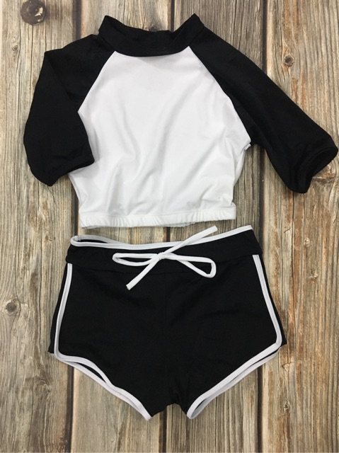 Set đồ bơi nữ kín đáo quần đùi- Bikini đi biển áo croptop đen ngắn tay- shopnabi