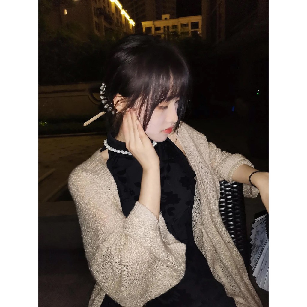 ♥️Đầm,Váy Sườn Xám Hoa Đen Cổ Yếm Đính NgọcSize S đến 2XL mimo dk