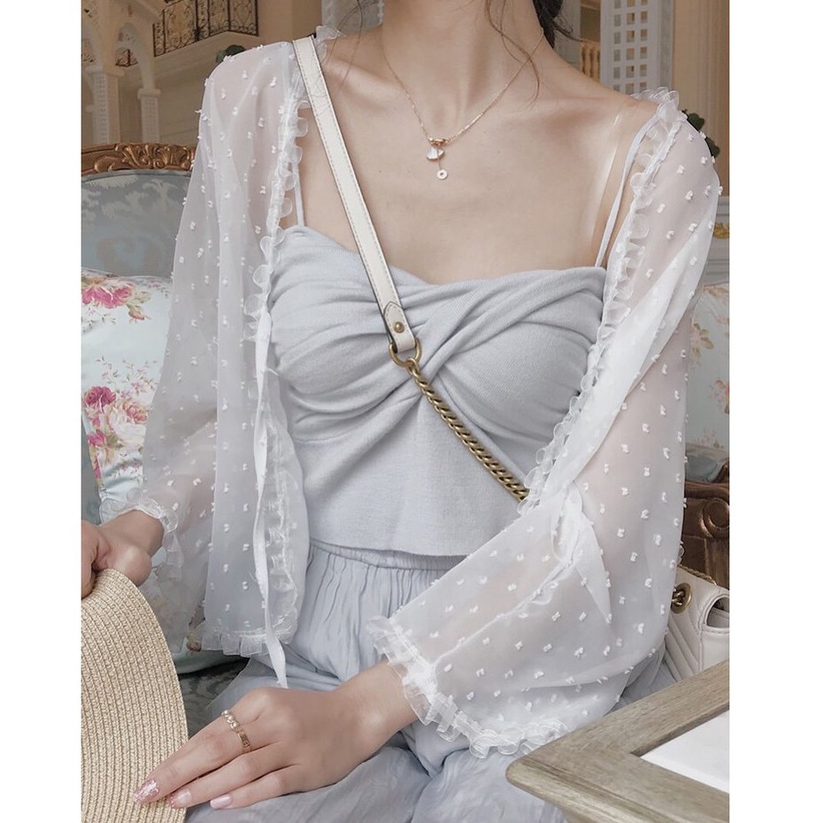 Áo khoác voan viền ren cột nơ phổi đầm áo hai dây cardigan đi biển KV07