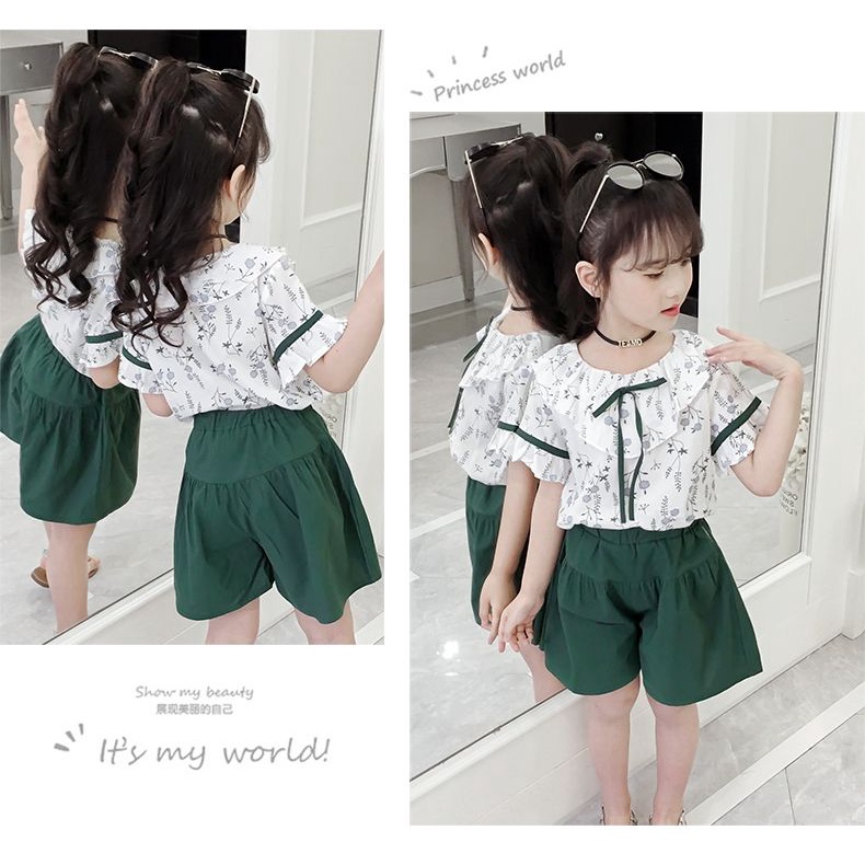 Set 2 Món Áo Tay Ngắn + Quần Short In Họa Tiết Hoa Nhí Xinh Xắn Cho Bé Gái Từ 3-4 - 5-6 - 7-8 - 9-10 - 11-12 Tuổi