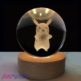 Bộ quà tặng quả cầu pha lê 3d larser led hình pikachu 6cm