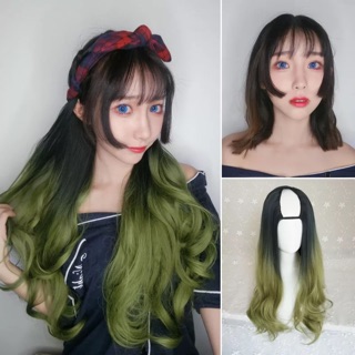 Tóc kẹp chữ u nhuộm ombre xanh lá rêu