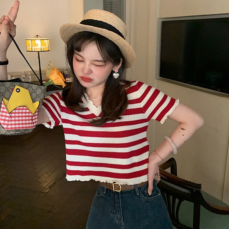 Áo Dệt Kim Tay Ngắn Cổ Chữ V Kẻ Sọc Ngang Trẻ Trung Hợp Thời Trang