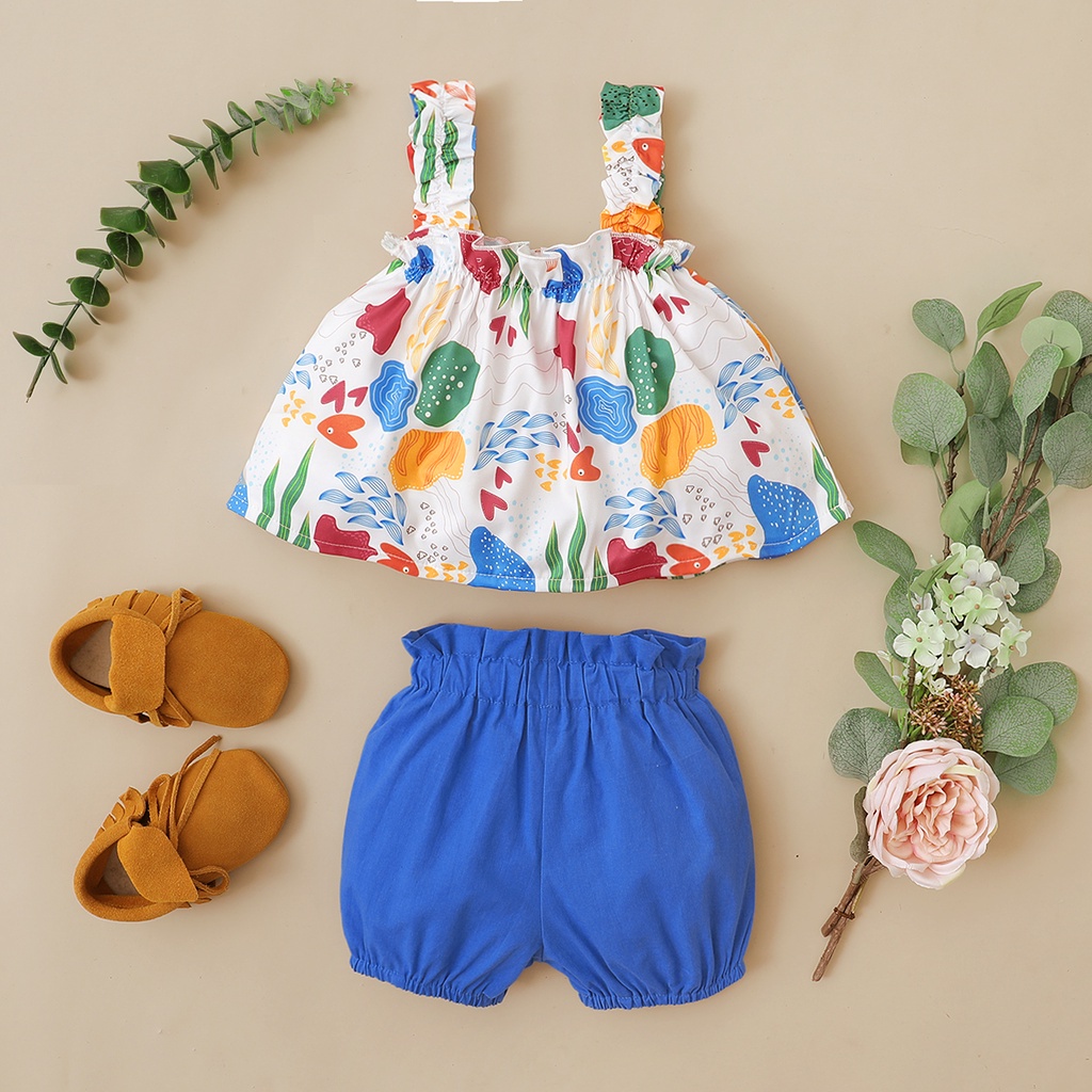 Set đồ Mikrdoo gồm áo 2 dây in hoa + quần short thời trang hè đơn giản cho bé gái 1-6 tuổi