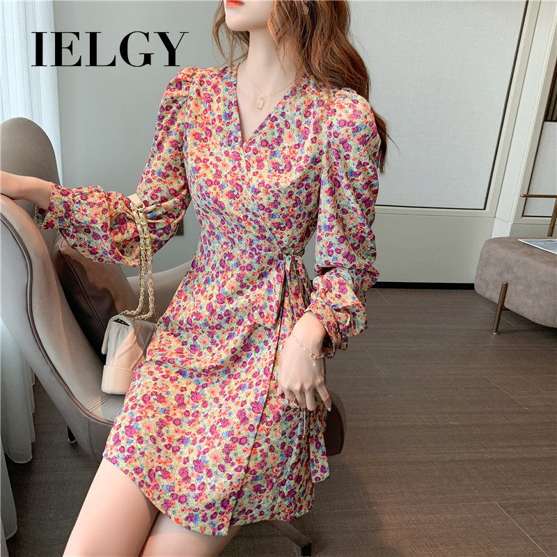 Đầm chiffon IELGY dài tay in hoa kiểu Pháp xinh xắn dễ thương cho nữ