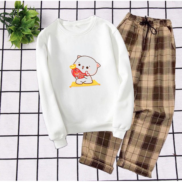Sét Bộ Đồ Nữ Xinh Cute Thu Đông Đẹp Giá Rẻ, Áo Da Cá Dài Tay In 3D Mèo Ăn Cá Kèm Quần Thô & Jogger Kaki - Hàng nhập khẩu