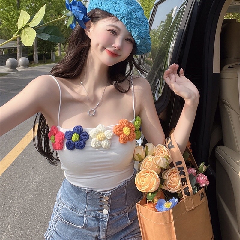 Áo hai dây croptop phối hoa len, hoa len móc siêu xinh