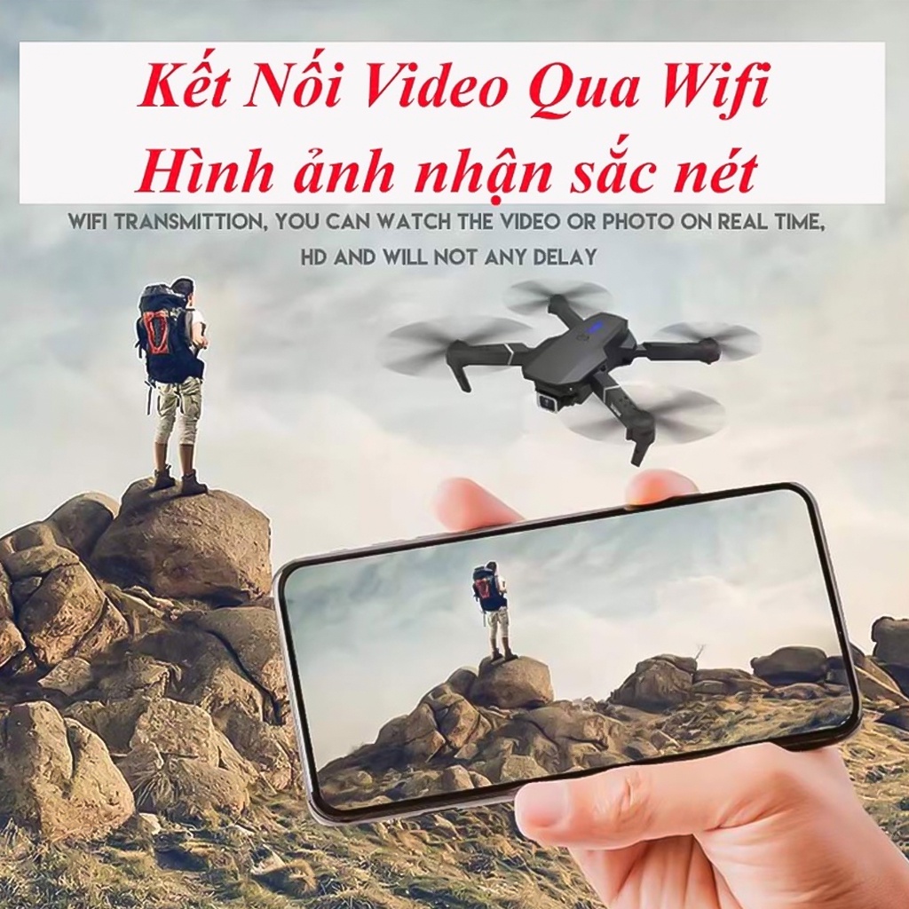 Flycam E88 mini giá rẻ có điều khiển từ xa drone 4k , 2 camera 4K, pin 1800mah