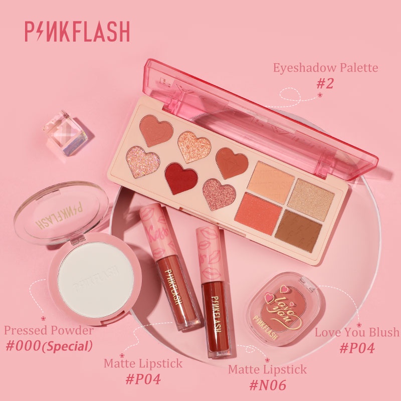 PinkFlash Bộ 5 mỹ phẩm gồm phấn nền dạng nén + phấn mắt + phấn má hồng + son mềm mại lên màu đậm chất lượng cao