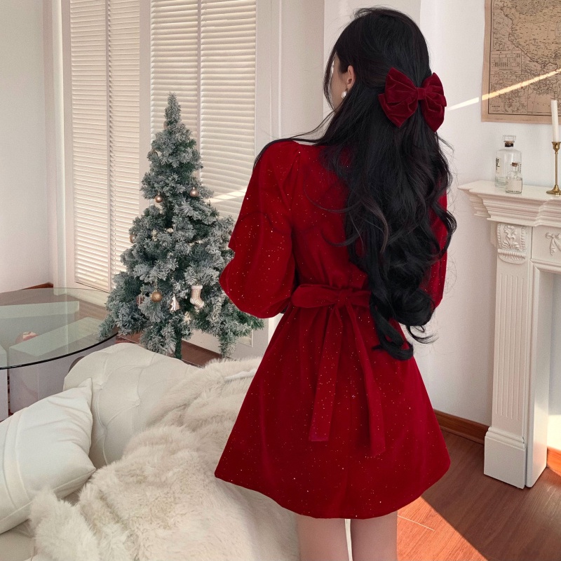 IELGY Đầm Nhung Chữ A Tay Dài Lưng Cao Lấp Lánh Thời Trang Giáng Sinh Cho Nữ