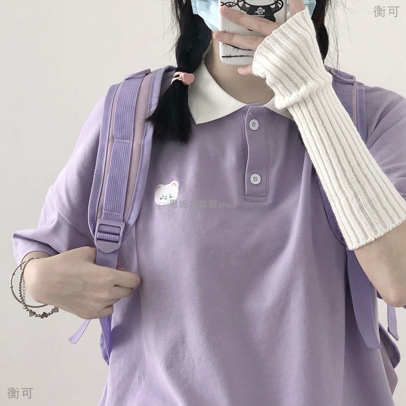 Áo polo Tay Ngắn Dáng Rộng Thêu Hình Gấu Dễ Thương Thời Trang Mùa Hè Cho Nữ