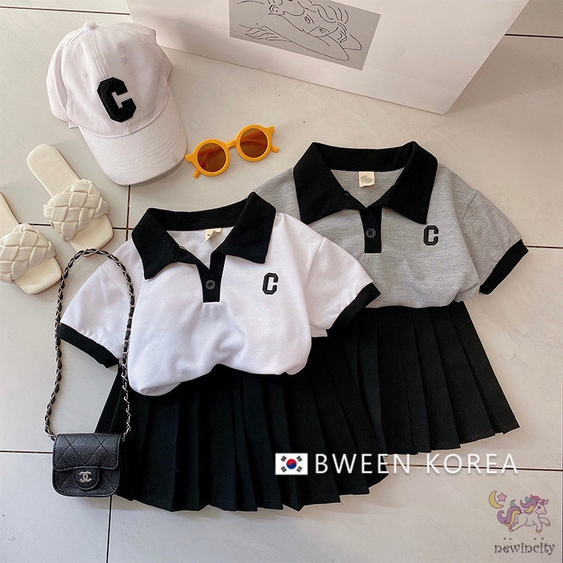 Bộ Đồ 2 Món Gồm Áo Polo Tay Ngắn Cổ Polo Và Váy Hàn Quốc Dành Cho Bé Gái