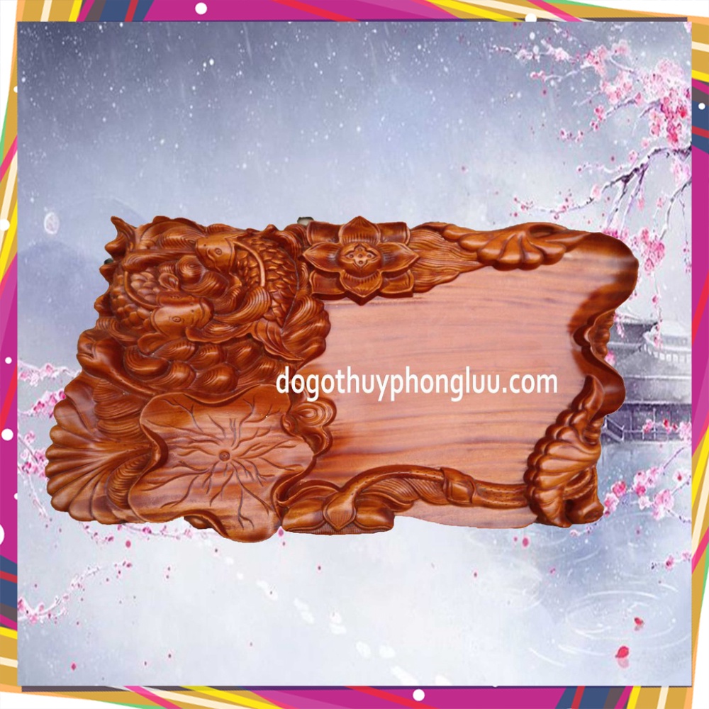 Khay trà lá sen cá chép nguyên khối gỗ hương dài 55x35x4