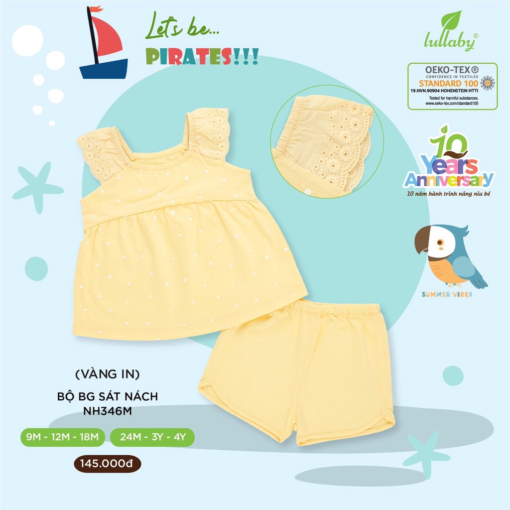 Bộ cộc tay vải Cotton mới nhất LULLABY hai dây cánh tiên đẹp cao cấp thấm hút tốt cho bé gái NHT03B NH346M