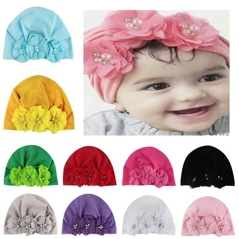 Mũ kiểu turban mềm mại đàn hồi thiết kế hoa và ngọc trai dành cho bé gái bé trai sơ sinh