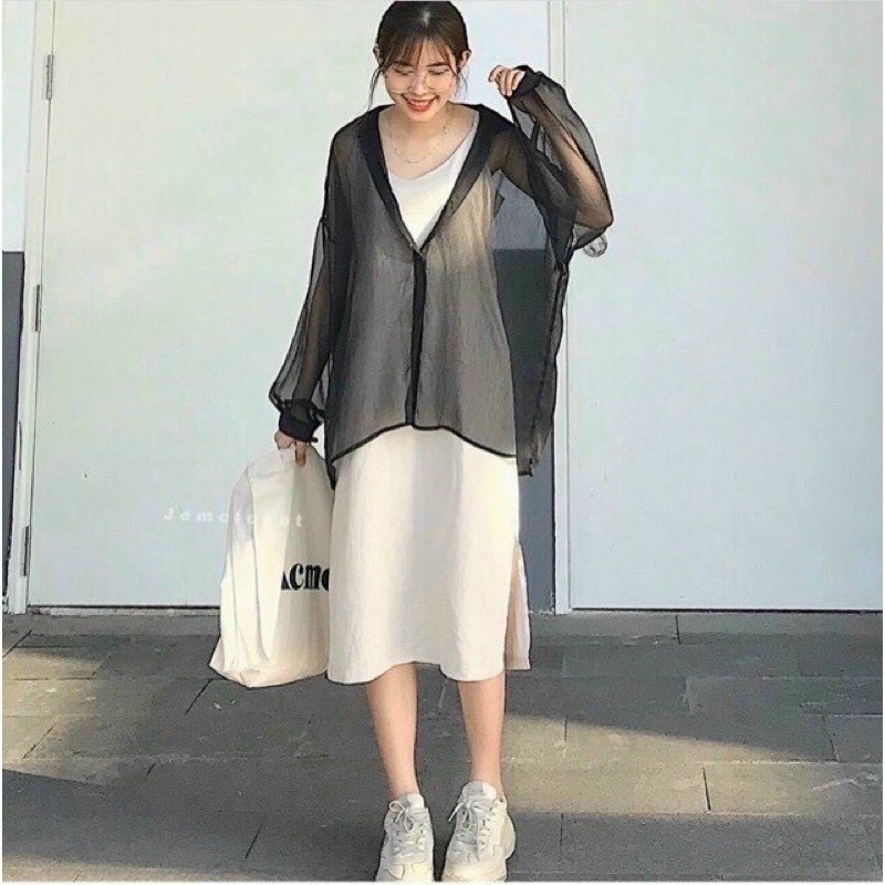Sét Áo Sơ Mi Voan Lưới Form Rộng Phối Áo thun Hai Dây bên Trong Borip Cool Ngầu TTVV0033