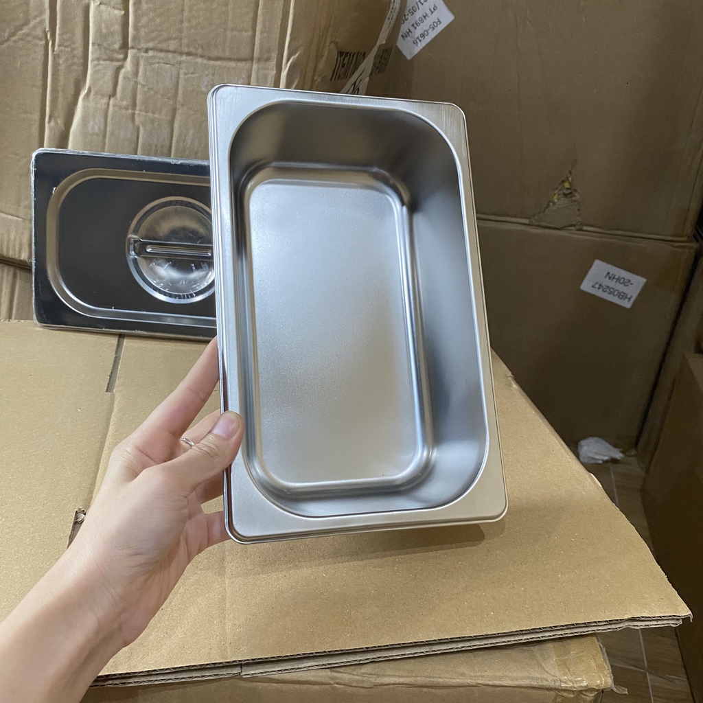 Khay inox đựng topping GN 1/4, sâu 6.5cm đựng trà sữa, nhân bánh mì, buffet,..