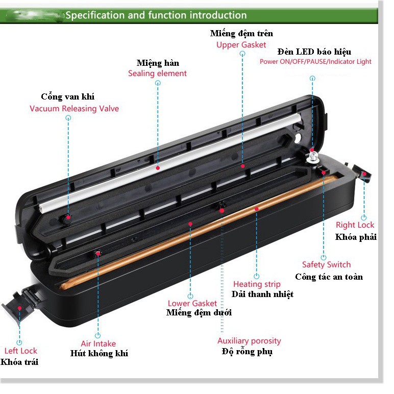 Máy hút chân không thực phẩm Vacuum Sealer Tặng 10 túi hút dùng cho gia đình hút siêu khỏe hết khí